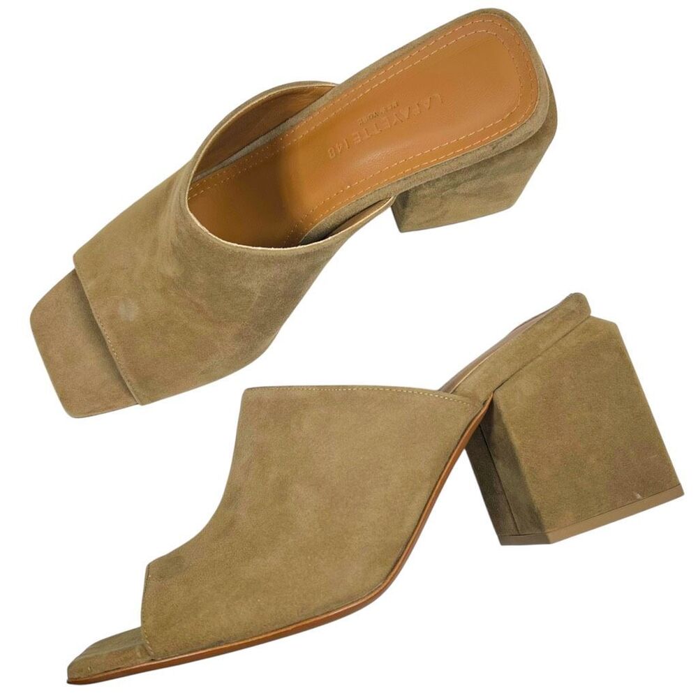 Lafayette 148 New York Tan Suede Square Toe Block Heel Mules 37